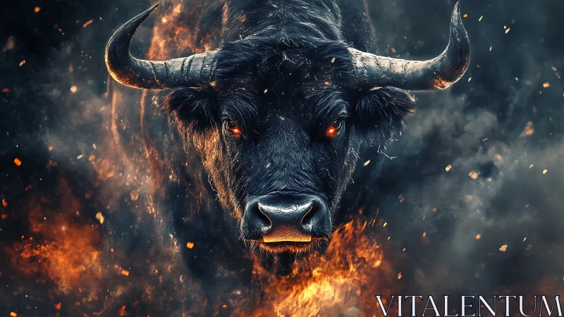 Inferno-horned bull emerging through stormfire and smoke.