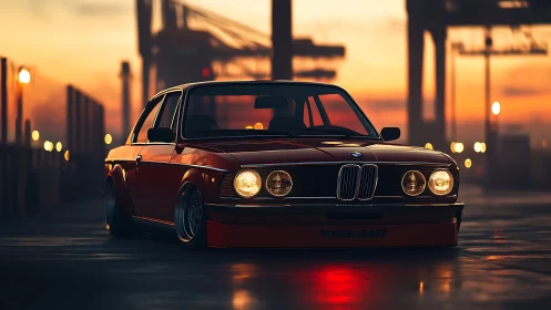 Classic red BMW coupe under warm industrial sunset glow.