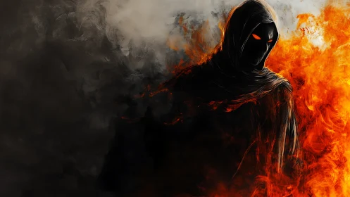 Shadowed fire spirit emerging from swirling night flames.