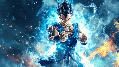 Blue haired anime warrior surrounded by blazing energy.