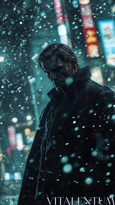 Brooding lone figure walks through neon city snowfall at night
