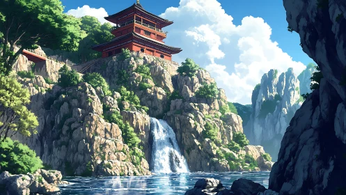 Mountain temple above cascading waterfall in summer light
