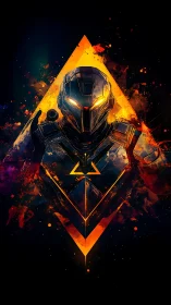 Armored cybernetic sentinel framed by luminous triangular energy field