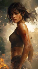 Battle-scarred jungle survivor in cinematic backlit flames.