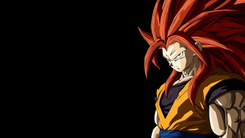 Red haired anime warrior in orange gi on black background.