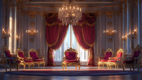 Golden royal salon welcomes sunlight and velvet thrones