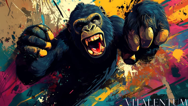 Roaring gorilla bursting through a storm of wild color.