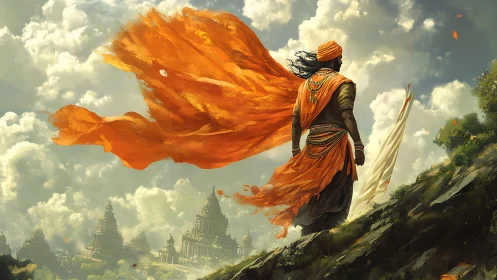 Storm of saffron skies and a lone guardian on the ridge.