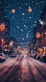 Snow-covered city street with golden festive light trails.