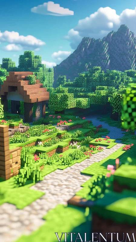 Voxel landscape render depicts path, trees, house and mountain