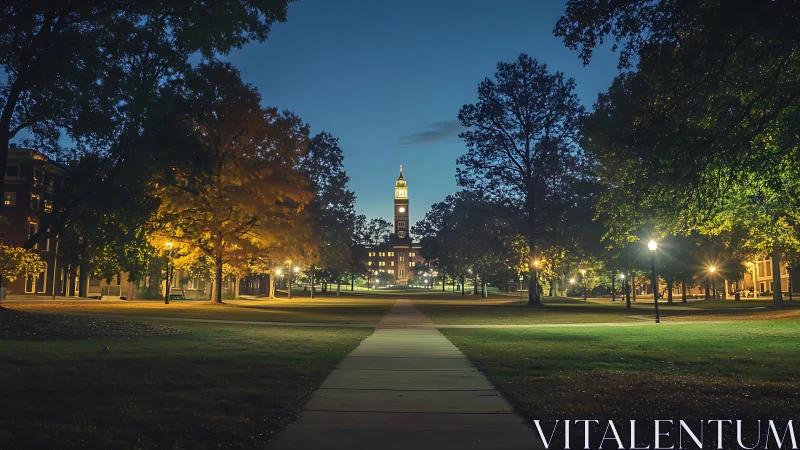 University quad at dusk with clock tower and lit pathways.