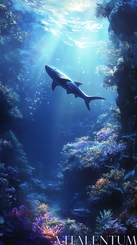 Shark gliding through sunlit coral depths in calm blue ocean.