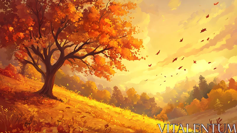 Golden hillside tree glowing in the warmth of autumn light.