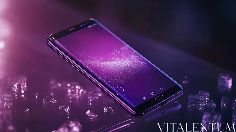 Smartphone Display Against Crystalline Particles in Purple Neon Setting.