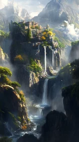 Terraced mountain citadel with tiered waterfalls and cliffs.