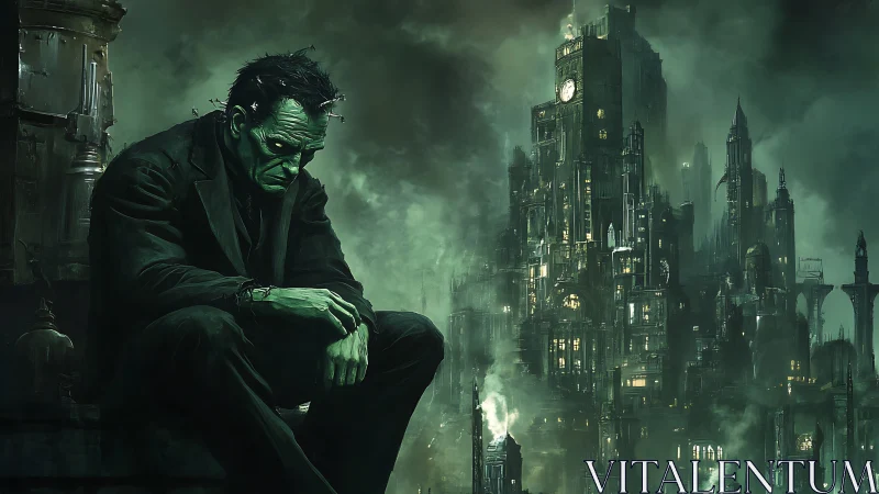 Melancholic creature overlooks dense neo‑gothic industrial cityscape