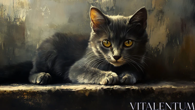 Black Cat with Golden Eyes in Weathered Interior.