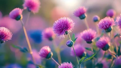Purple Thistle Flowers Blooming in Shallow Focus Field.