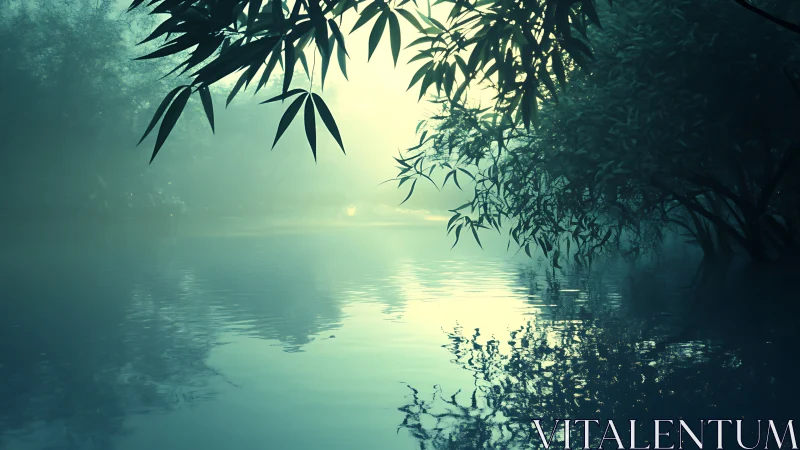 Misty forest lake reflects pale dawn light through overhanging leaves