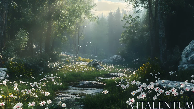 Misty Forest Glade with Spring Wildflowers and Stream Pathway