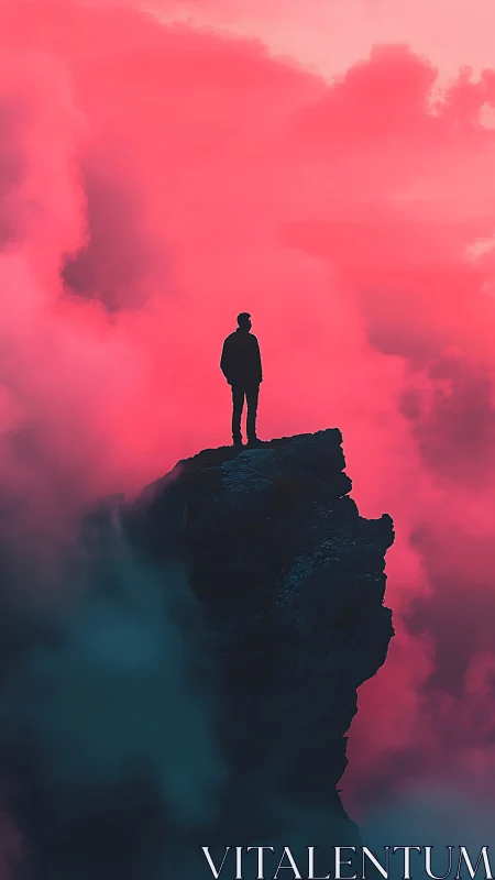 Silhouetted figure stands on jagged peak amid neon fog gradient