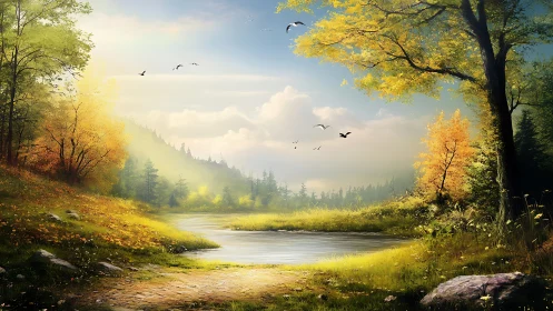 High-detail autumn riverside valley under soft diffused light