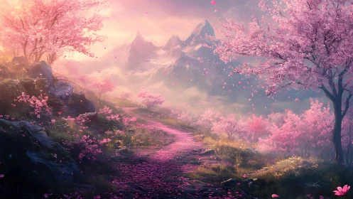 Pink blossom valley path leading toward misty mountains.
