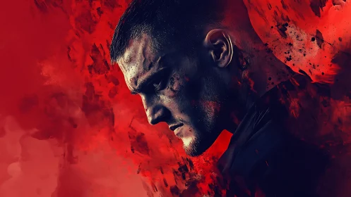 Brooding warrior’s profile carves turmoil from crimson smoke