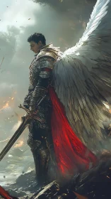 Winged knight in scorched battlefield with crimson cloak.
