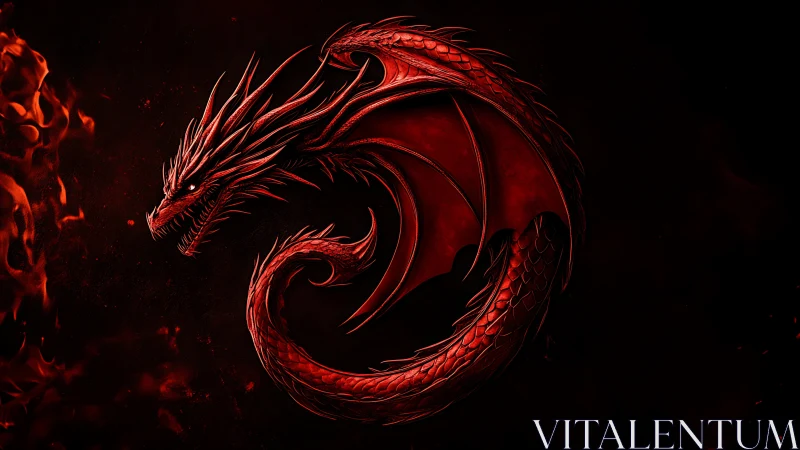 Red dragon curls into circular pose against black background
