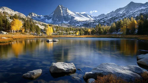 Alpine lake reflection under autumn aspen and granite peaks.