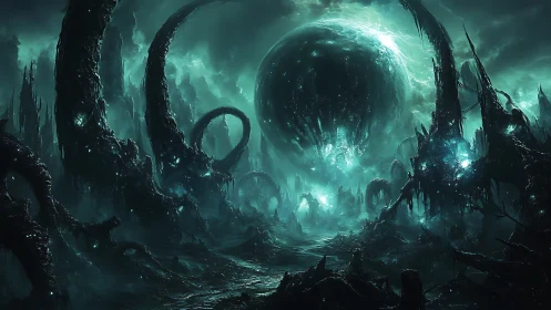 Starless abyss births a colossal void sphere in teal gloom.