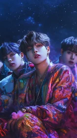 Three stylized figures pose under saturated cosmic lighting