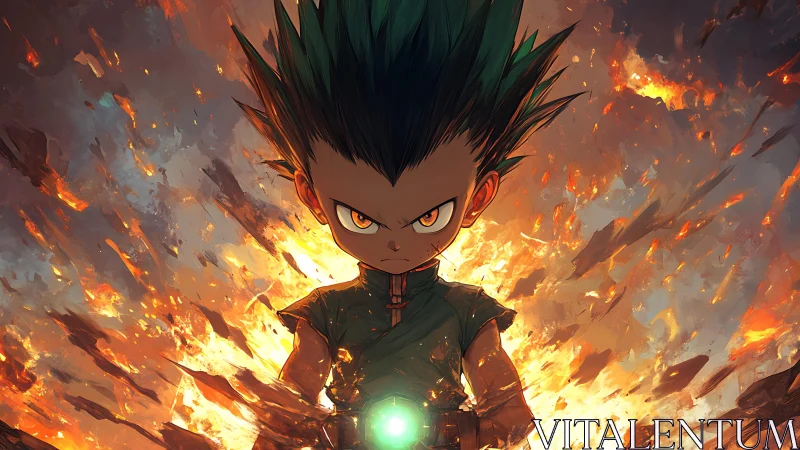 Fierce green‑haired warrior condenses fury into burning light