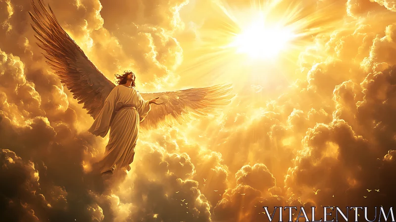 Winged angelic figure ascends through golden illuminated clouds