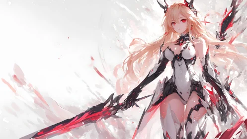 Crimson-bladed anime warrior in shattered white armor stance.