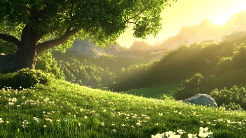Sunlit valley meadow dreaming beneath ancient sheltering tree.