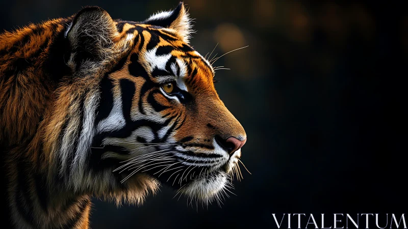 Tiger profile glows against deep, shadowed background.