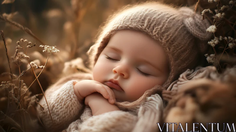 Sleeping infant wrapped in neutral knit textiles surrounded by dried botanicals
