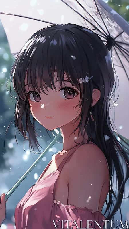 Rainlit anime portrait under translucent umbrella canopy.