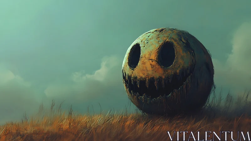 Surreal decayed smiley sphere in windswept field composition.