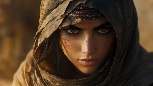 Desert warrior’s intense stare framed by weathered hood.