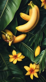Ripe bananas and plumeria on layered tropical foliage.