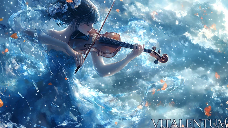 Violinist immersed in flowing blue water and scattered petals.