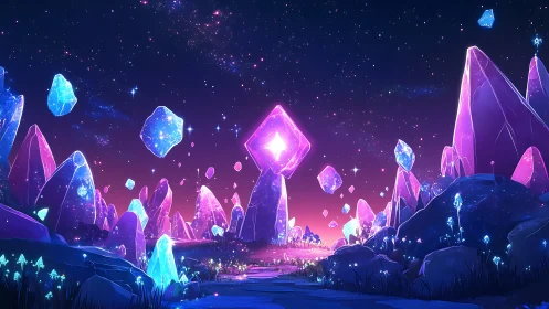 Shimmering crystal valley glows softly under a starry sky