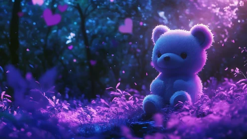 Fluffy teddy bear glows softly in a dreamy neon forest.
