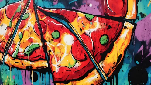 Neon urban mural of dripping pepperoni pizza slices in closeup