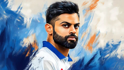 Focused cricket player portrait set in bold blue strokes