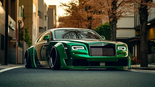 Low-slung green luxury sedan with widebody kit on street.