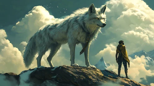 Towering white wolf meets lone wanderer above bright clouds